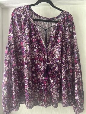 Purple Floral Peasant Blouse with Tassel Tie XL Women’s